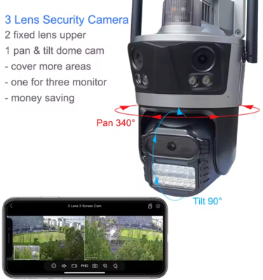 IK-P11 4K 8Mpx 3 Lens Security PTZ CCTV Camera with Siren Light